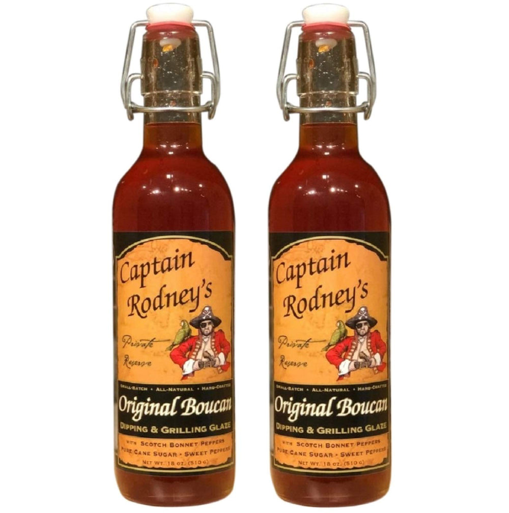 Captain Rodney's Boucan Pepper Glaze bottle pour for smoky grilled finishes