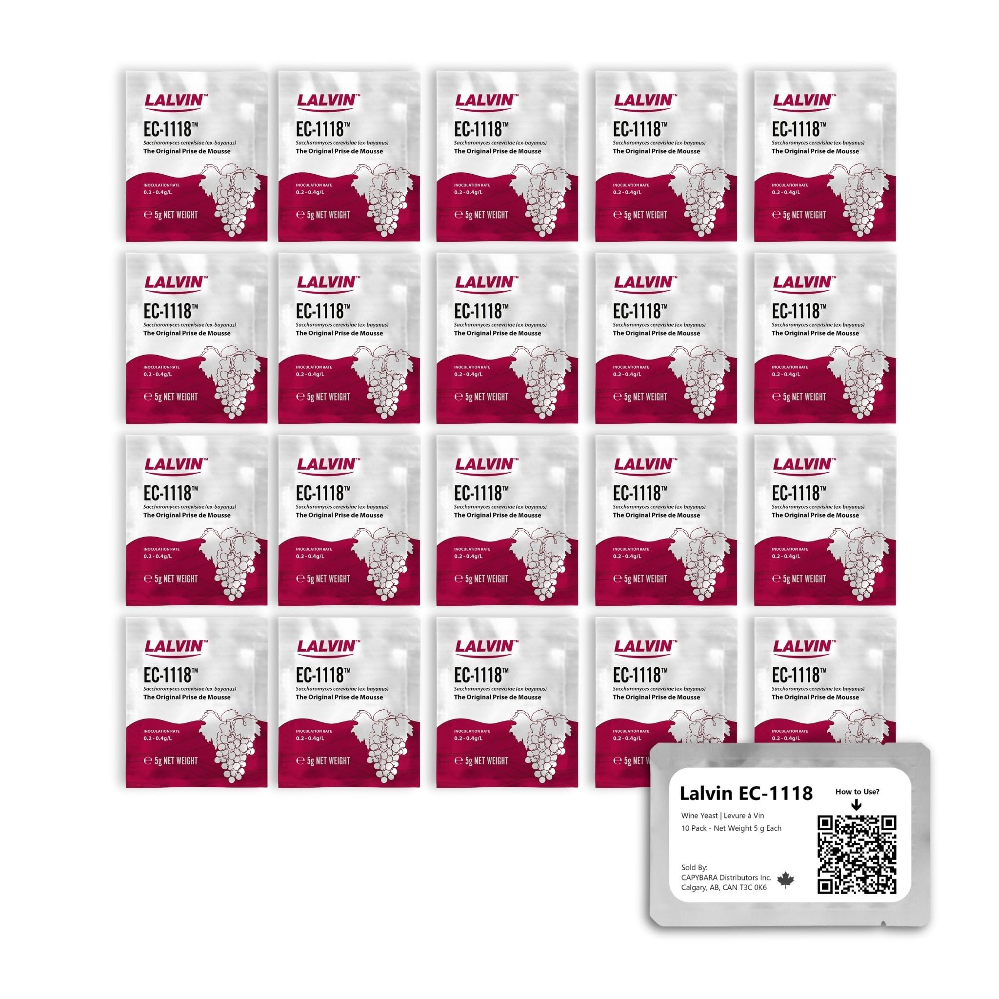CAPYBARA Lalvin EC-1118 20-pack sachets ready for versatile wine fermentation.
