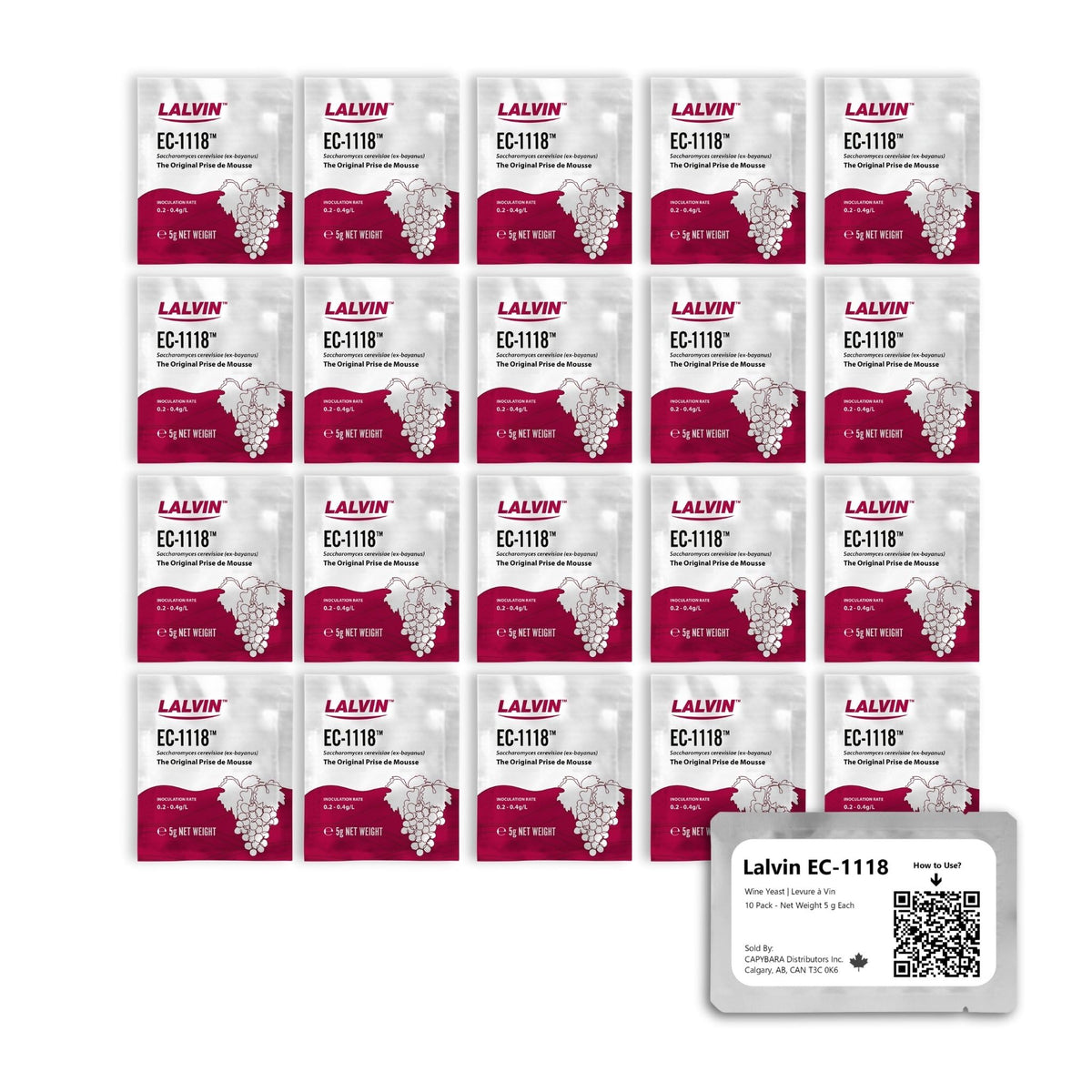 CAPYBARA Lalvin EC-1118 20-pack sachets ready for versatile wine fermentation.