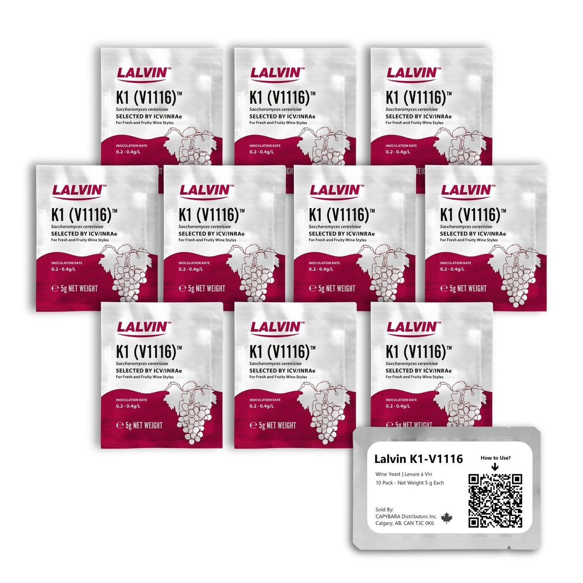 CAPYBARA Lalvin K1-V1116 wine yeast sachets for home fermentation and reliable yields.