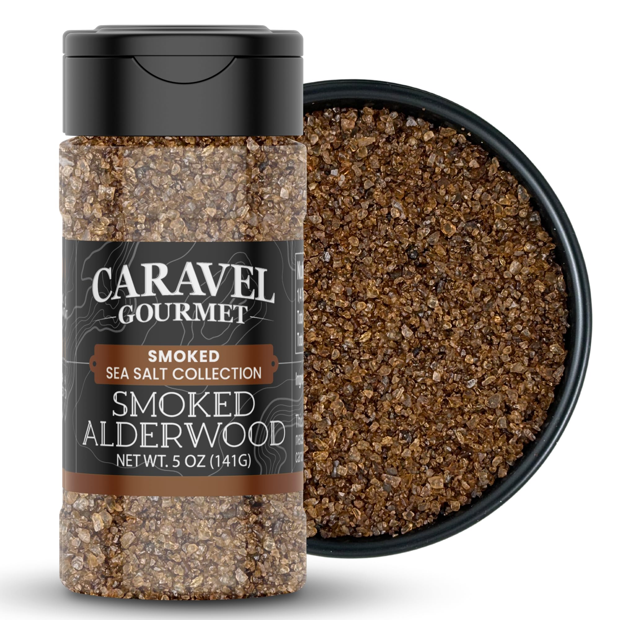 Caravel Gourmet alderwood smoked salt bottle pour shows coarse crystals for finishing