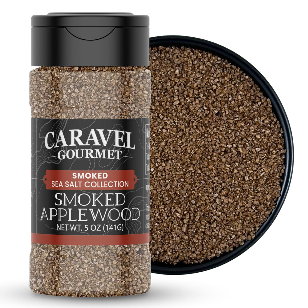Caravel Gourmet applewood smoked salt jar with coarse crystals for finishing dishes