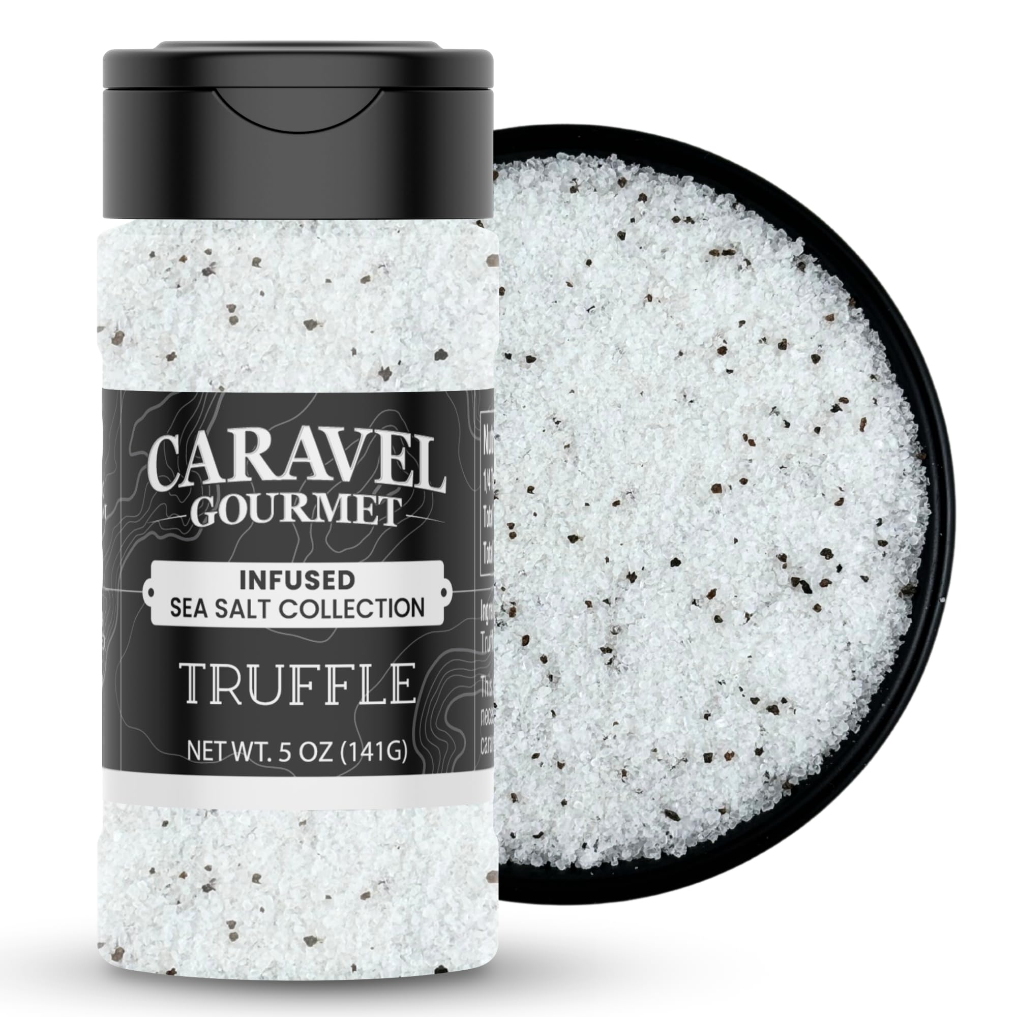 Caravel Gourmet black truffle salt bottle close-up showing aroma for finishing