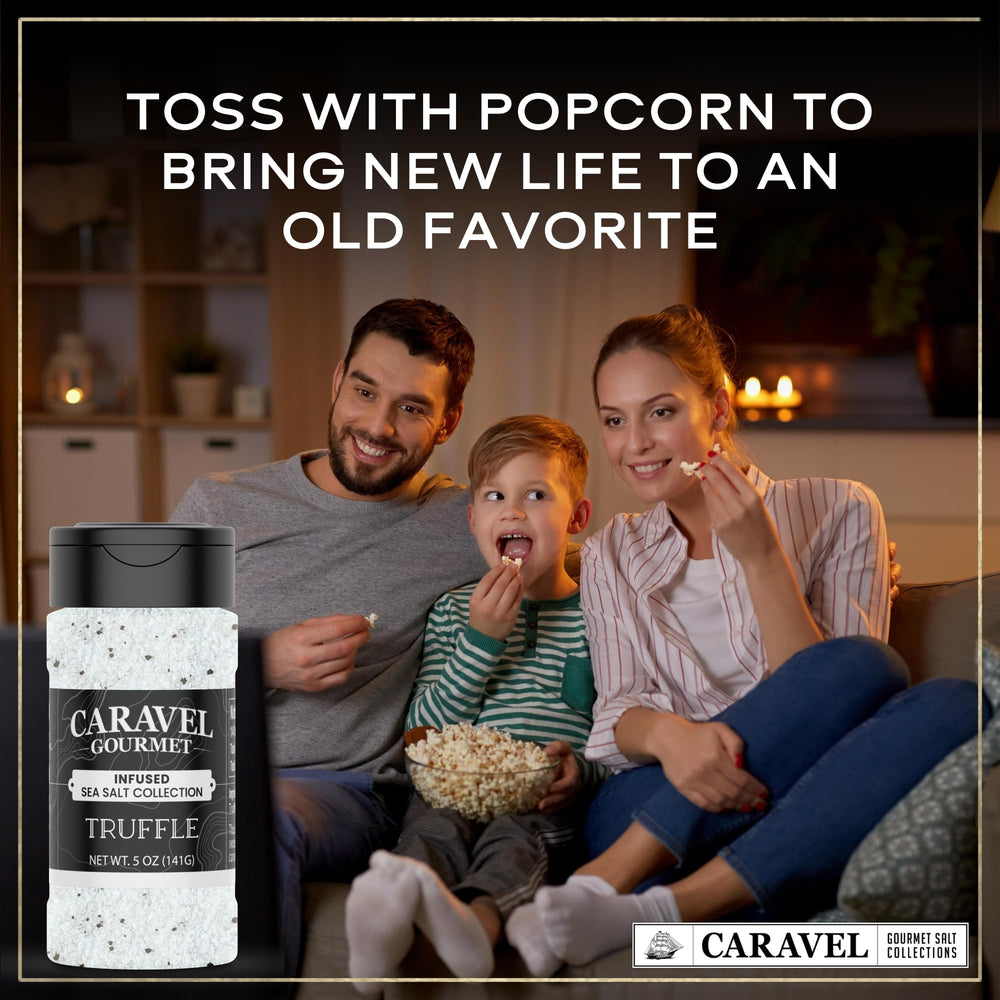 Caravel Gourmet black truffle salt on popcorn for elevated aroma