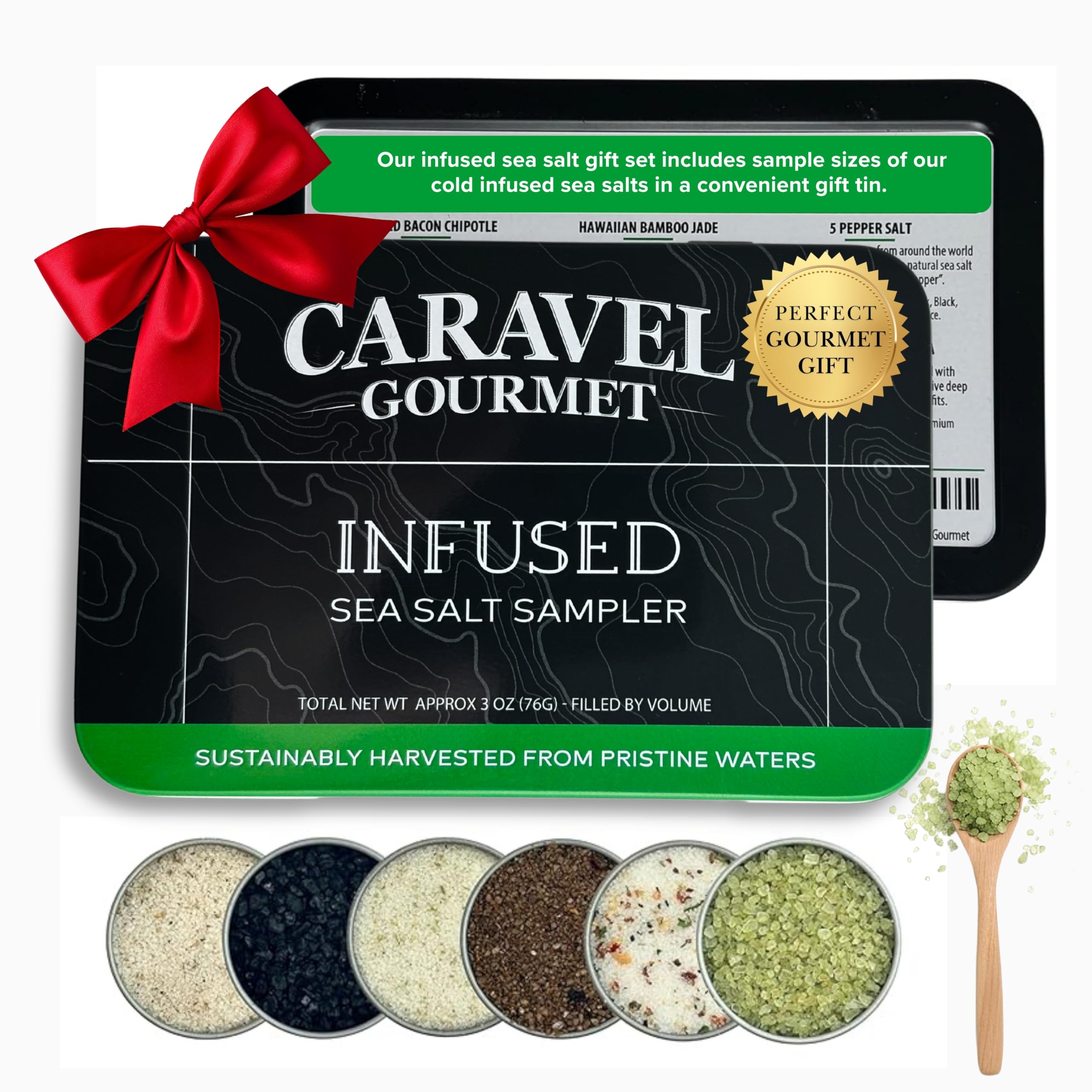 Caravel Gourmet smoked bacon chipotle salt adds smoky heat to grilled dishes.