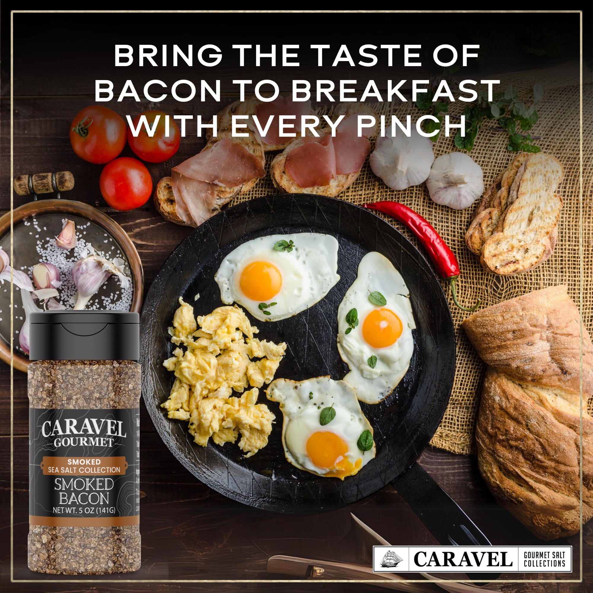 Caravel Gourmet smoked bacon salt with plated veggies and burgers for enhanced flavor