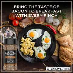 Caravel Gourmet smoked bacon salt with plated veggies and burgers for enhanced flavor