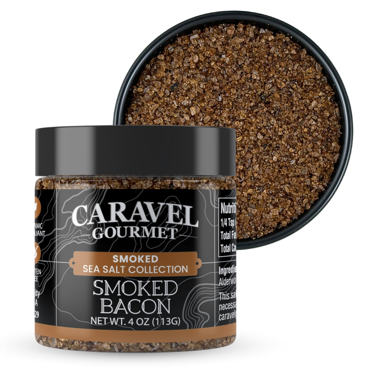 Caravel Gourmet smoked bacon salt jar ready to season meals.