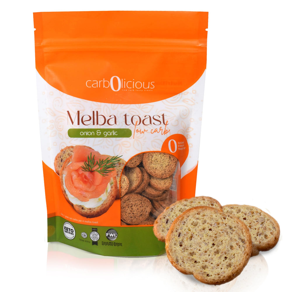Carb-o-licious Low Carb Melba Toast onions and garlic front view showing keto-friendly crunch.