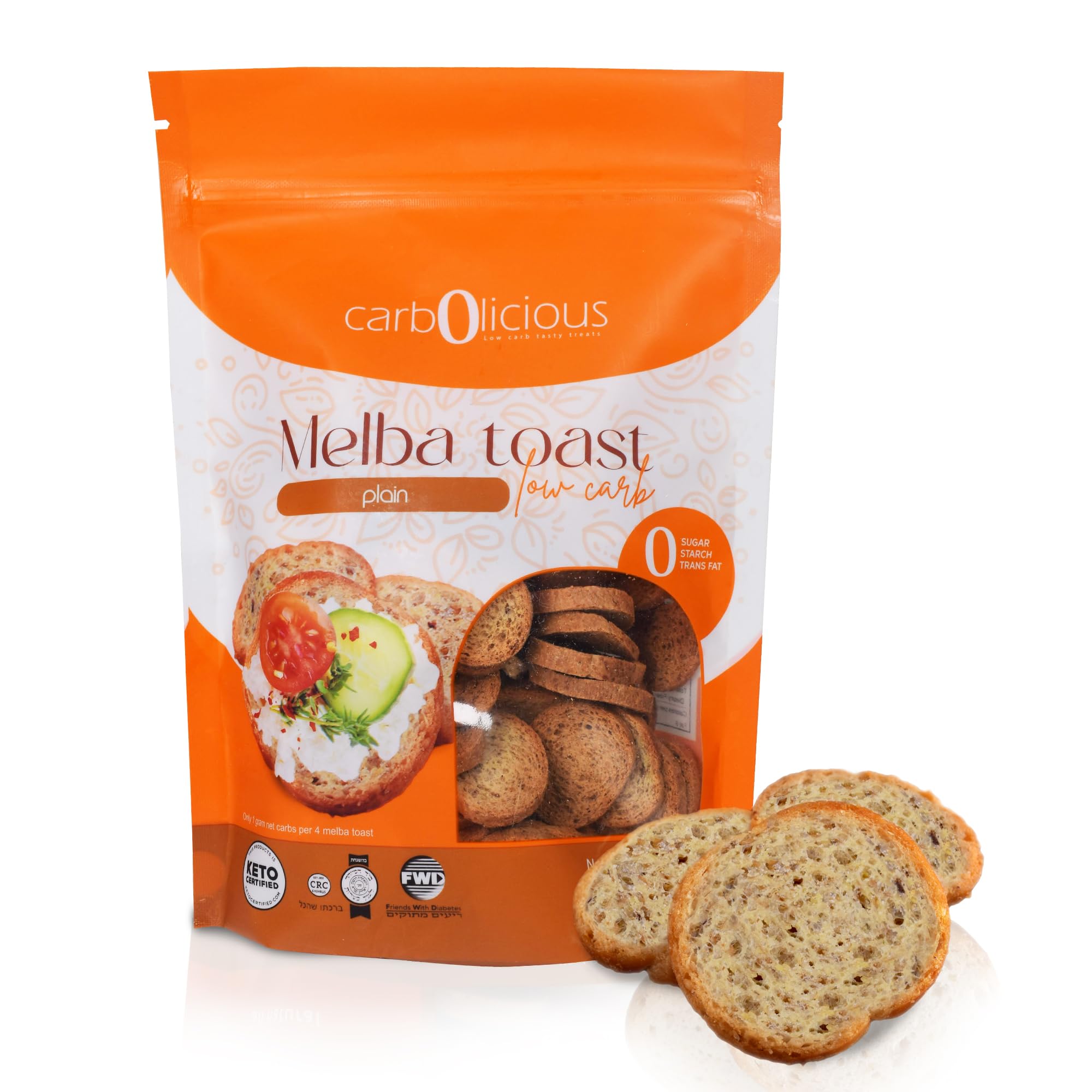 Carb-o-licious Melba Toast packaging highlights convenient low-carb snacking.