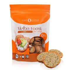 Carb-o-licious Melba Toast packaging highlights convenient low-carb snacking.