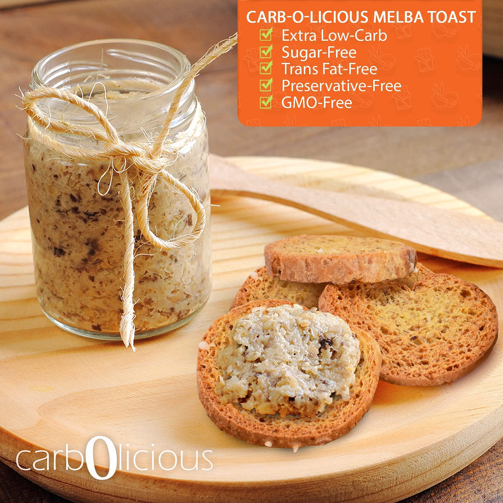 Carb-o-licious Melba Toast Sea Salt with dips and toppings.