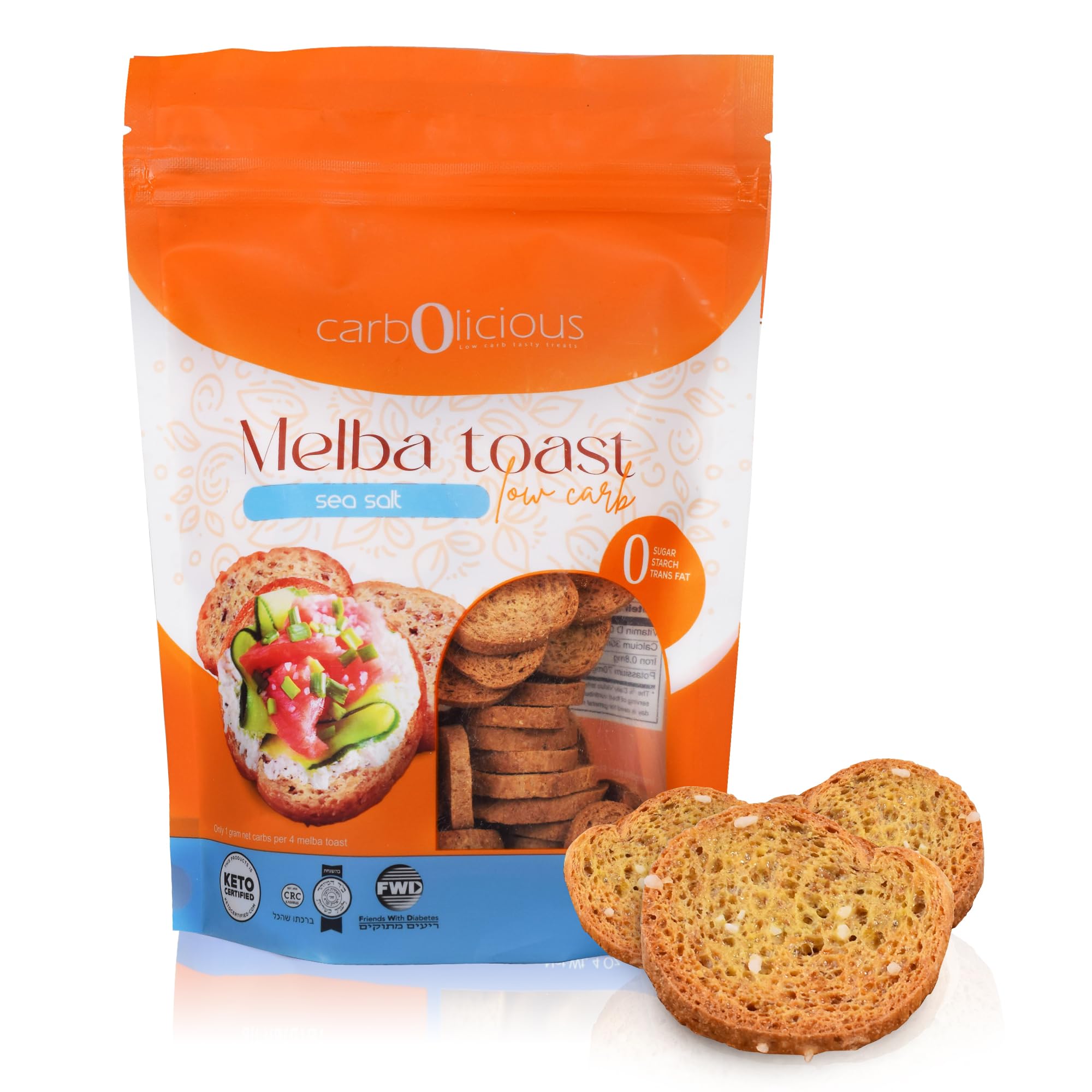 Carb-o-licious Melba Toast Sea Salt pack reveals a crunchy, low-carb snack.