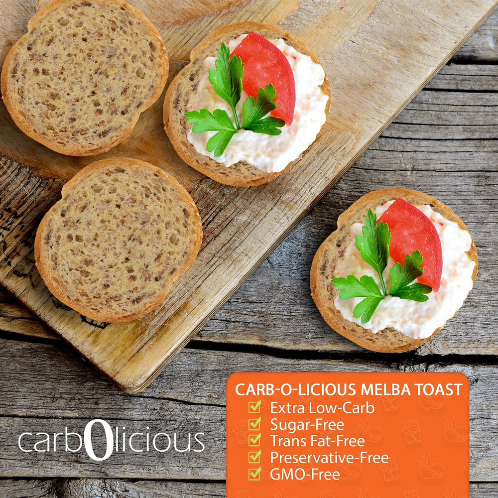 Snack plate with Carb-o-licious Melba Toast and cheese ready to serve.