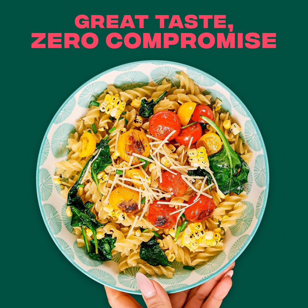 CARBE DIEM Rotini nutrition facts panel shows net carbs and protein.