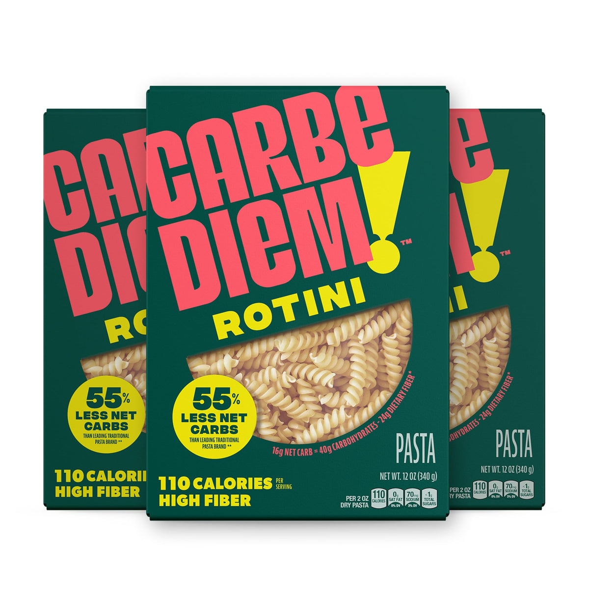 CARBE DIEM Rotini pack shows a 3-pack with low net carbs.