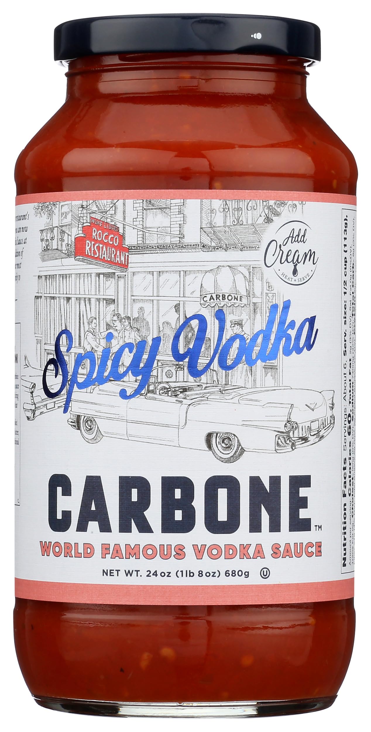 Carbone Spicy Vodka Sauce jar on shelf, ready for quick pasta nights.