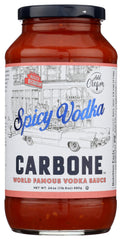 Carbone Spicy Vodka Sauce jar on shelf, ready for quick pasta nights.