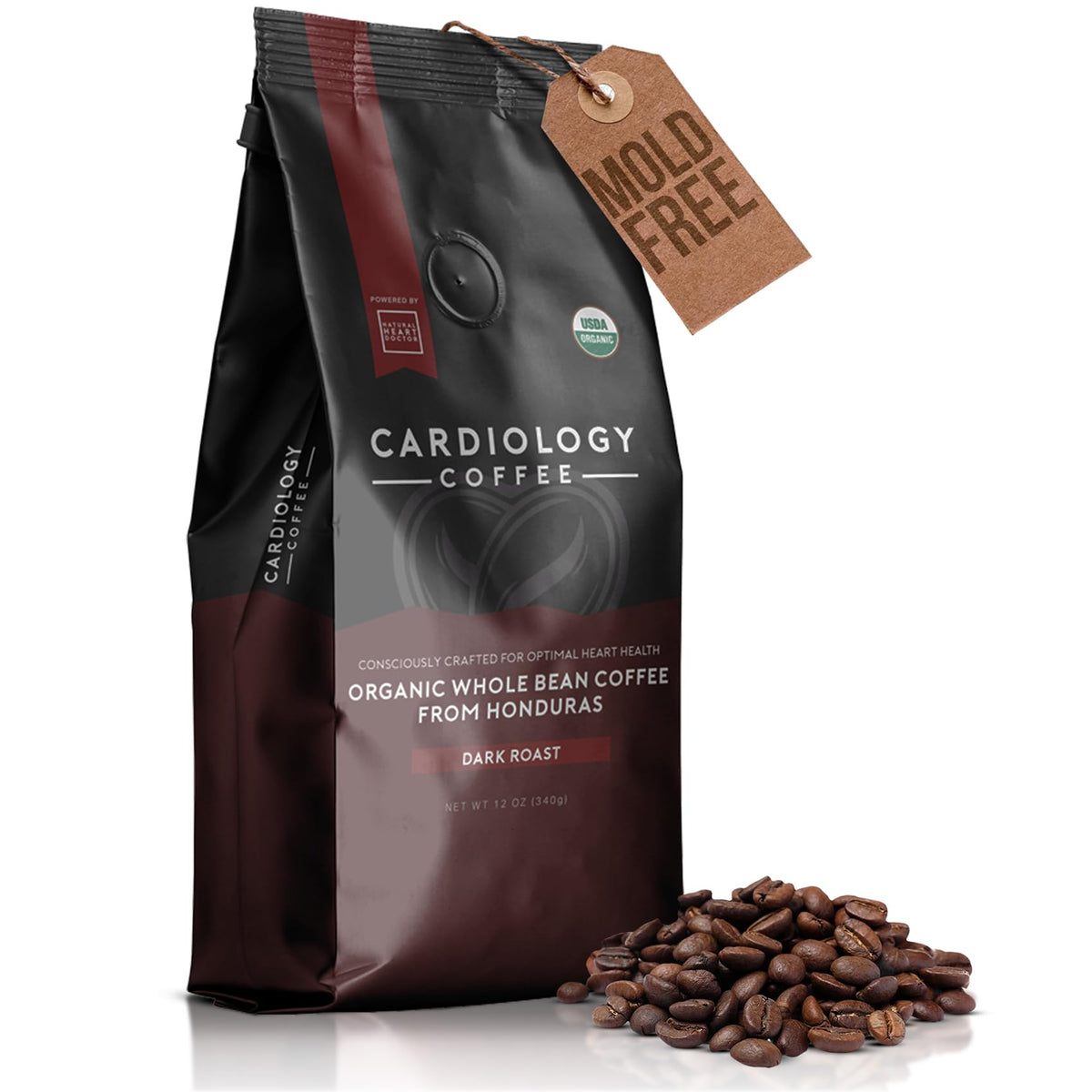 Cardiology Coffee dark roast bag showcasing premium organic beans and bold aroma.