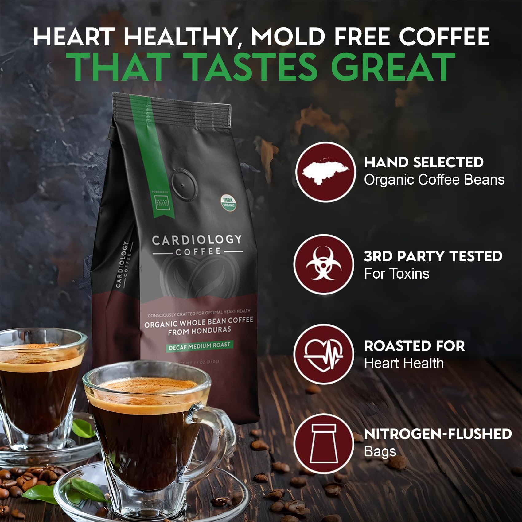 Cardiology Coffee nutty chocolate flavor closeup highlights balanced profile.