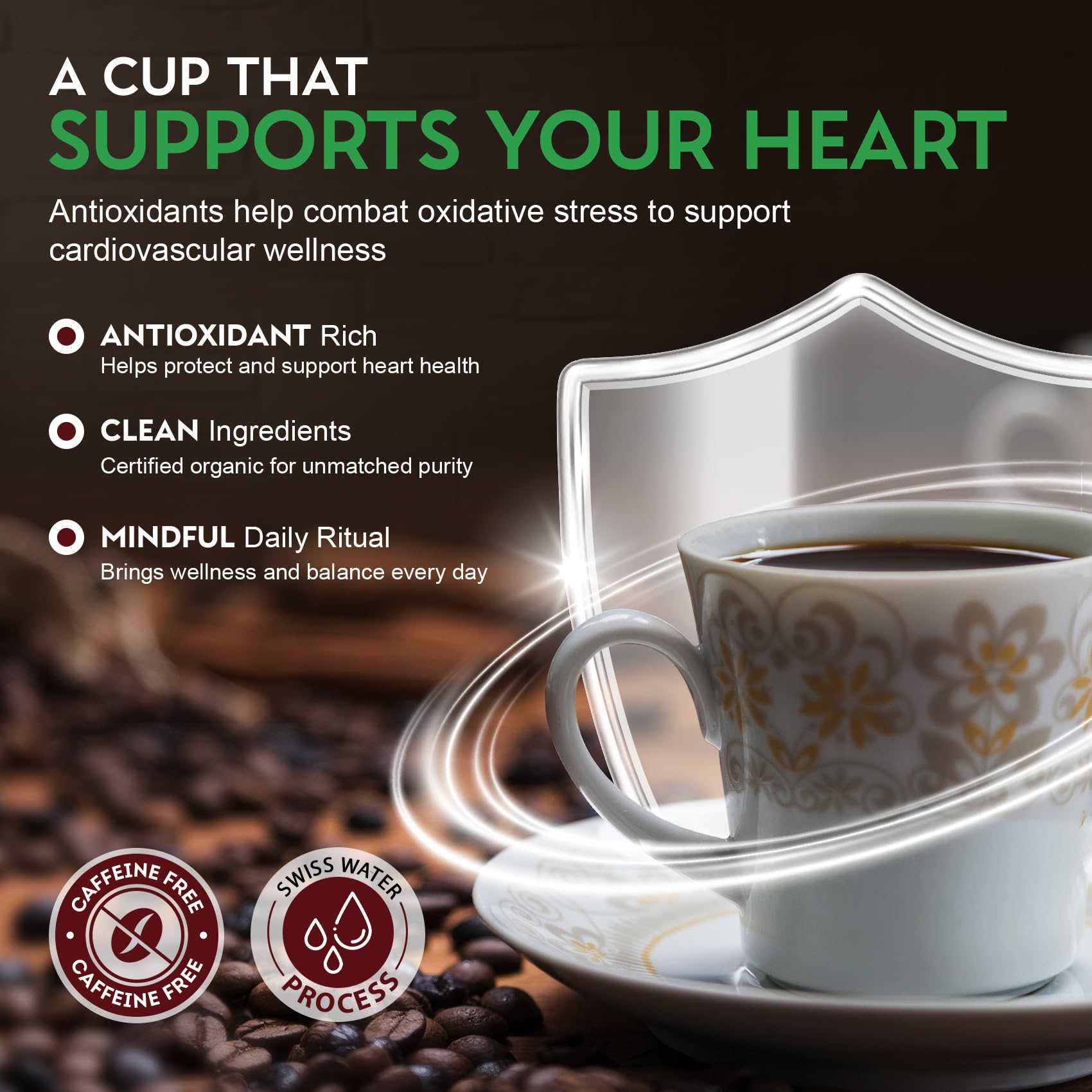 Cardiology Coffee organic label highlights USDA organic certification and clean farming.