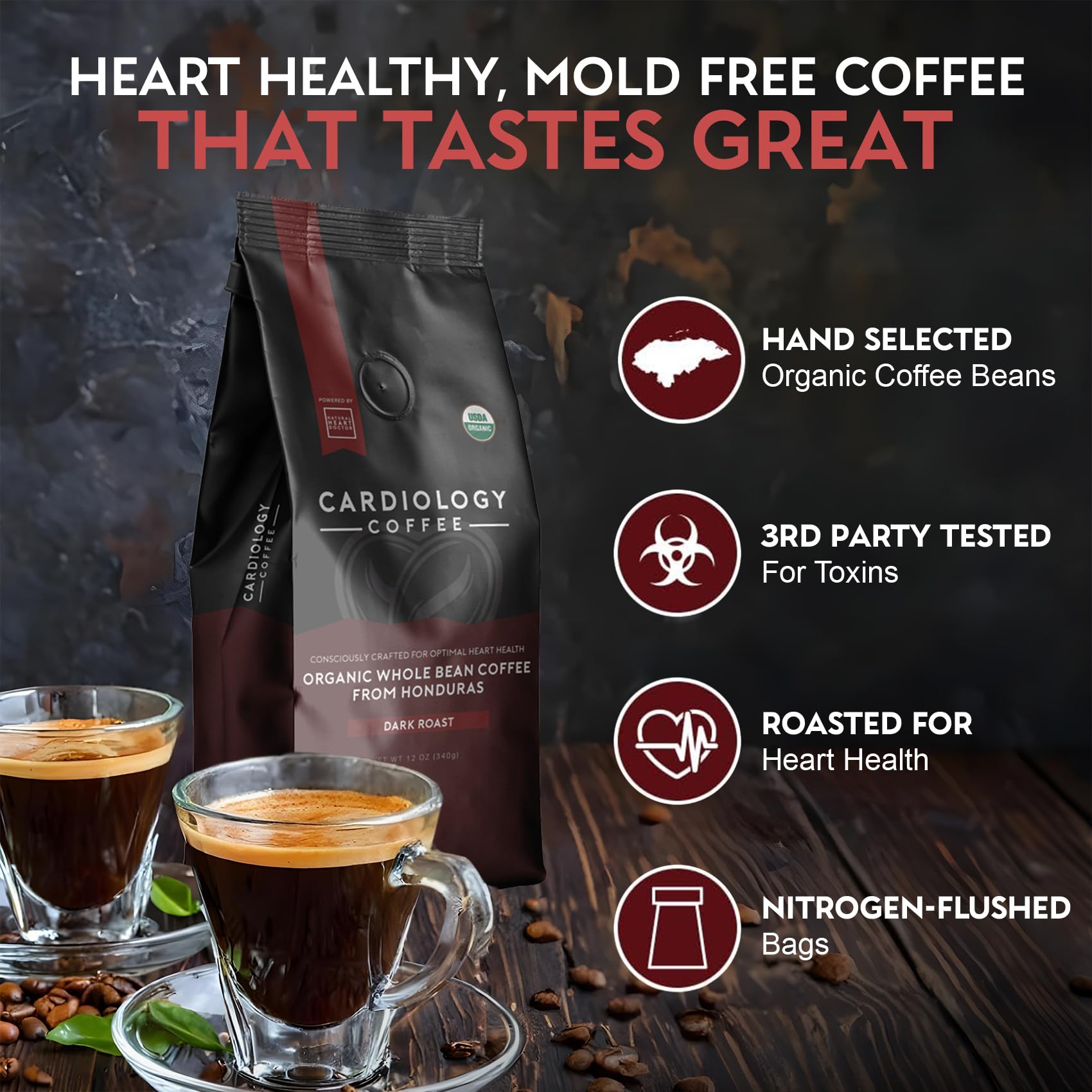 Cardiology Coffee organic mold-free label communicates purity and quality.