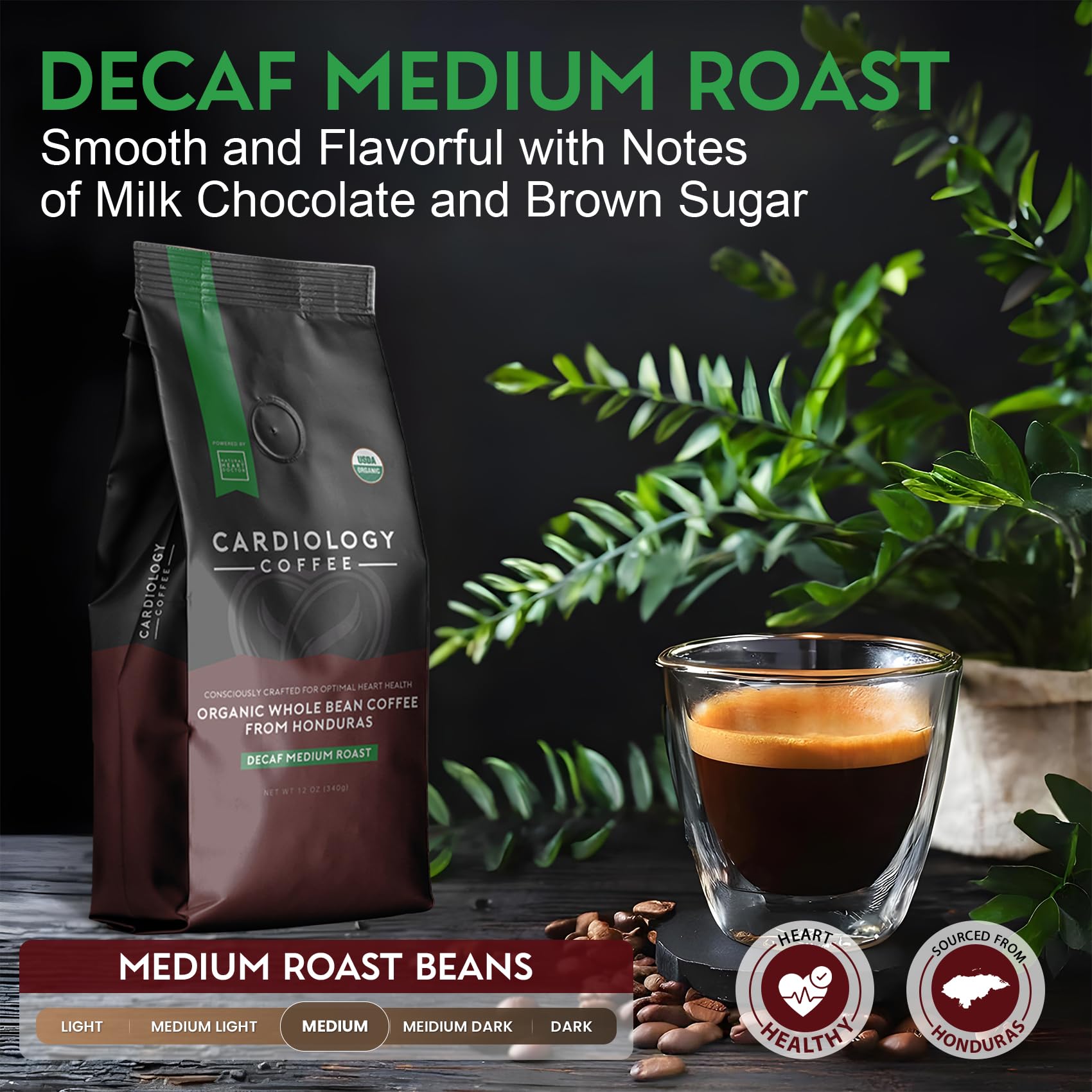 Cardiology Coffee Swiss Water process illustration emphasizes chemical-free decaf goodness.