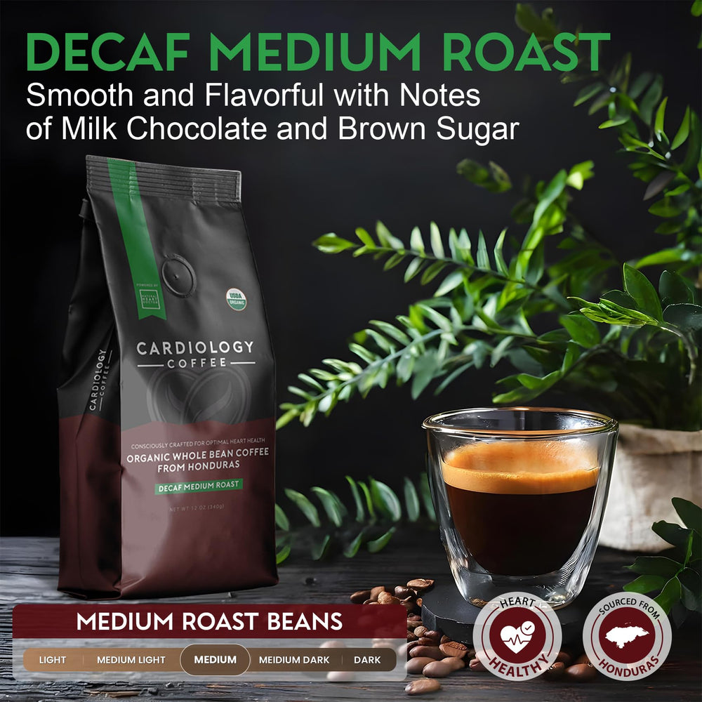 Cardiology Coffee Swiss Water process illustration emphasizes chemical-free decaf goodness.