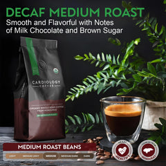 Cardiology Coffee Swiss Water process illustration emphasizes chemical-free decaf goodness.
