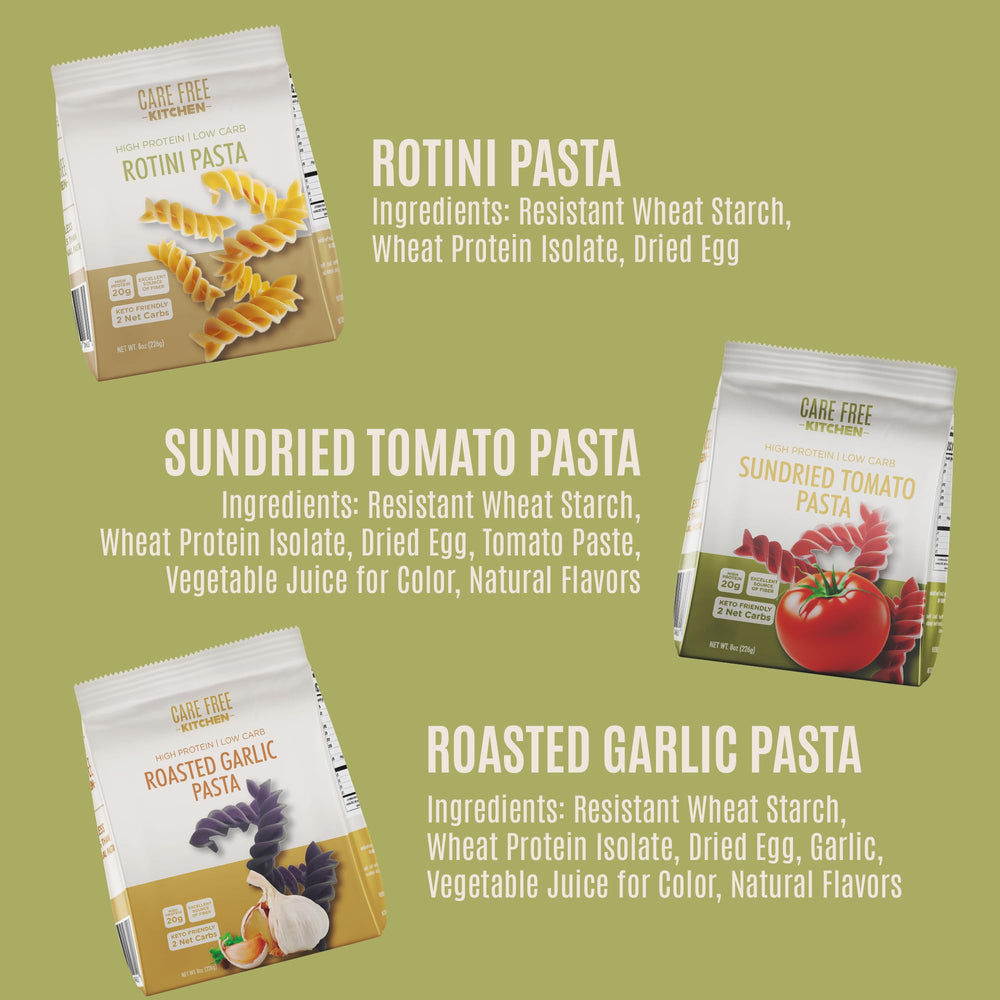 Care Free Kitchen Rotini Keto Pasta nutrition label with calories and carbs