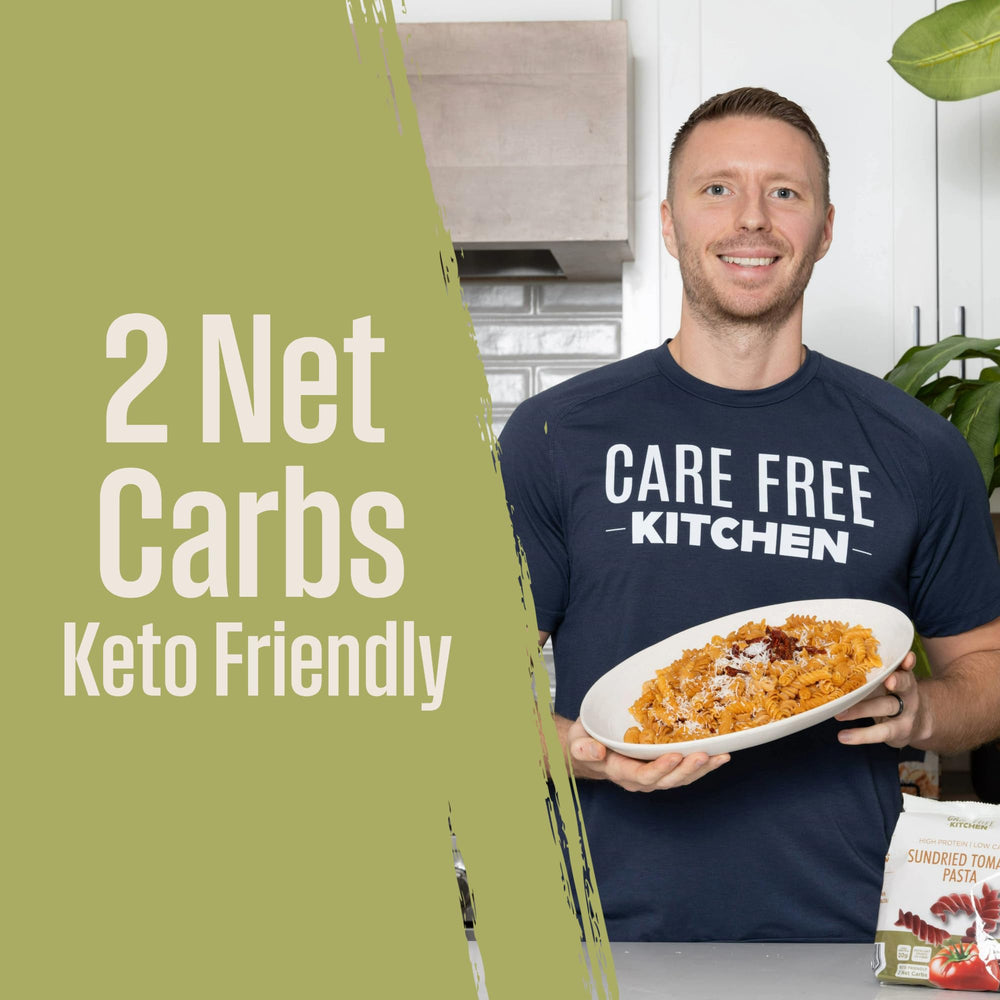 Care Free Kitchen Sundried Tomato Rotini plated with vegetables, high-fiber meal.