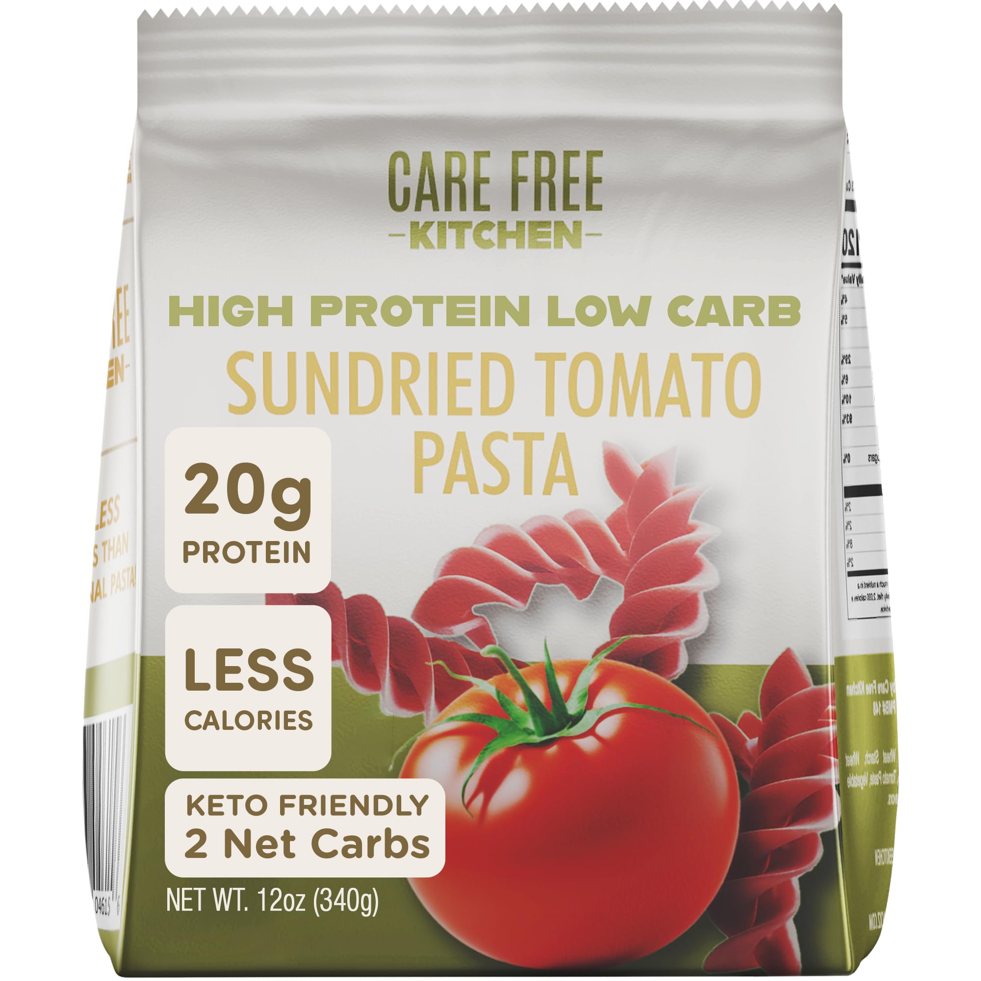 Care Free Kitchen Sundried Tomato Rotini pack on shelf, protein-rich option.