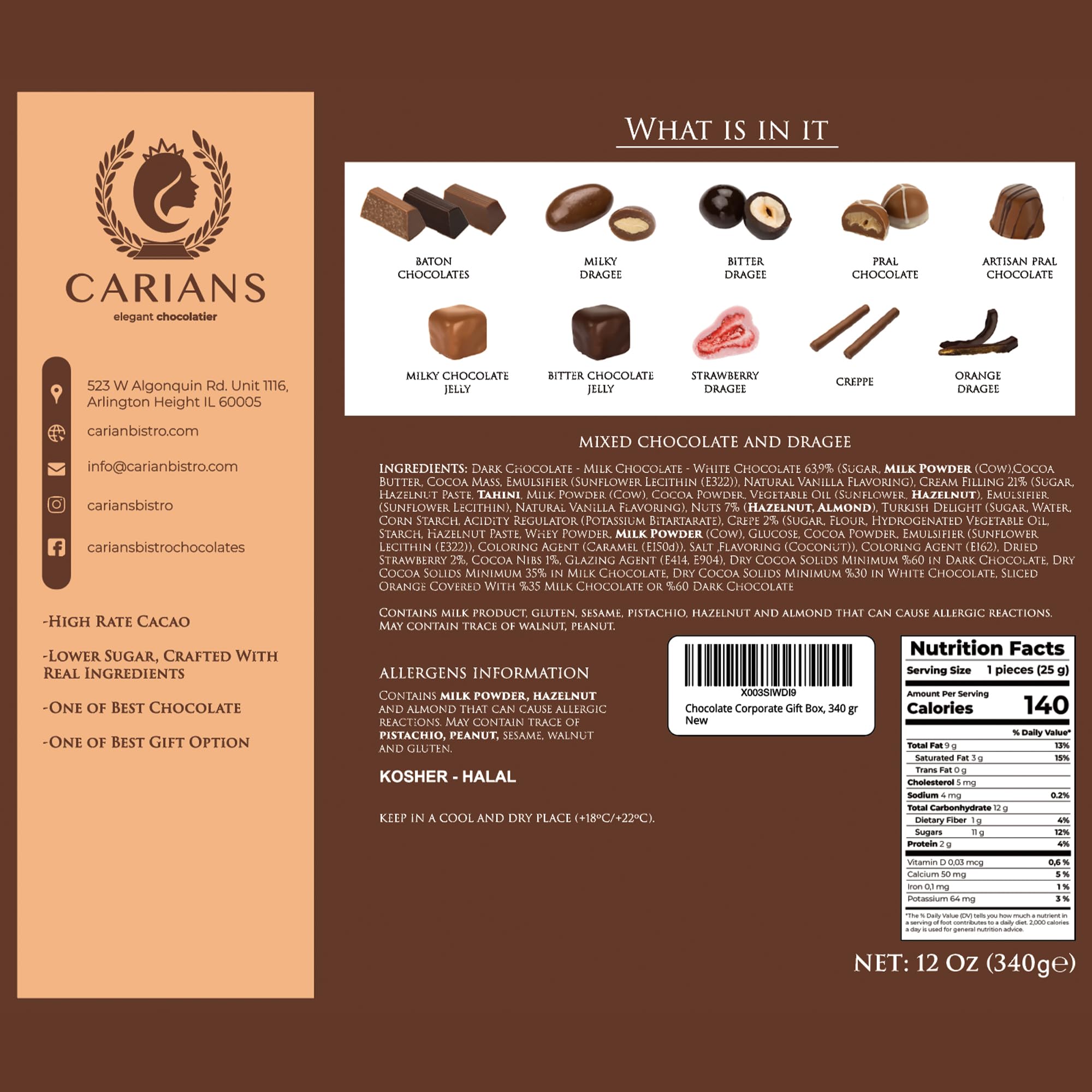 Carian's Bistro gift box interior view showing premium chocolate assortment ready to share