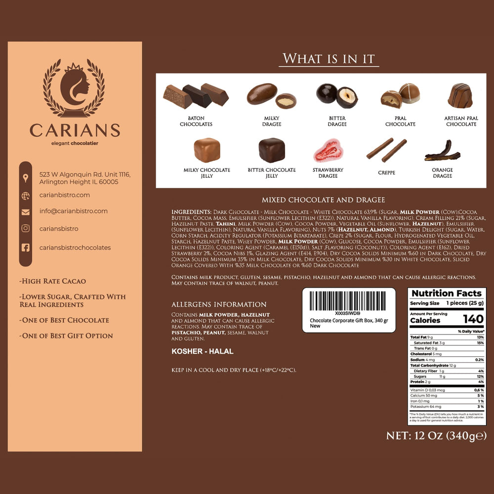 Carian's Bistro gift box interior view showing premium chocolate assortment ready to share