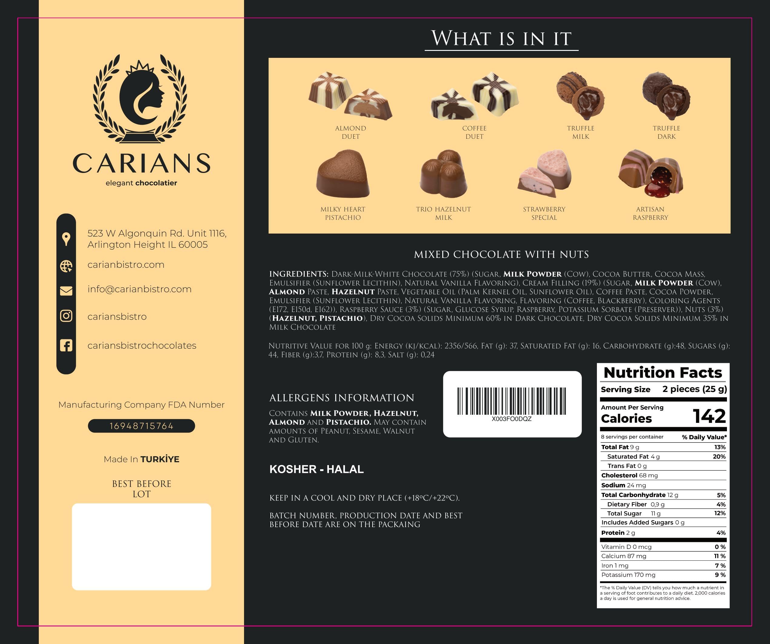 Carian's Bistro Chocolatier packaging detail highlighting luxe presentation.