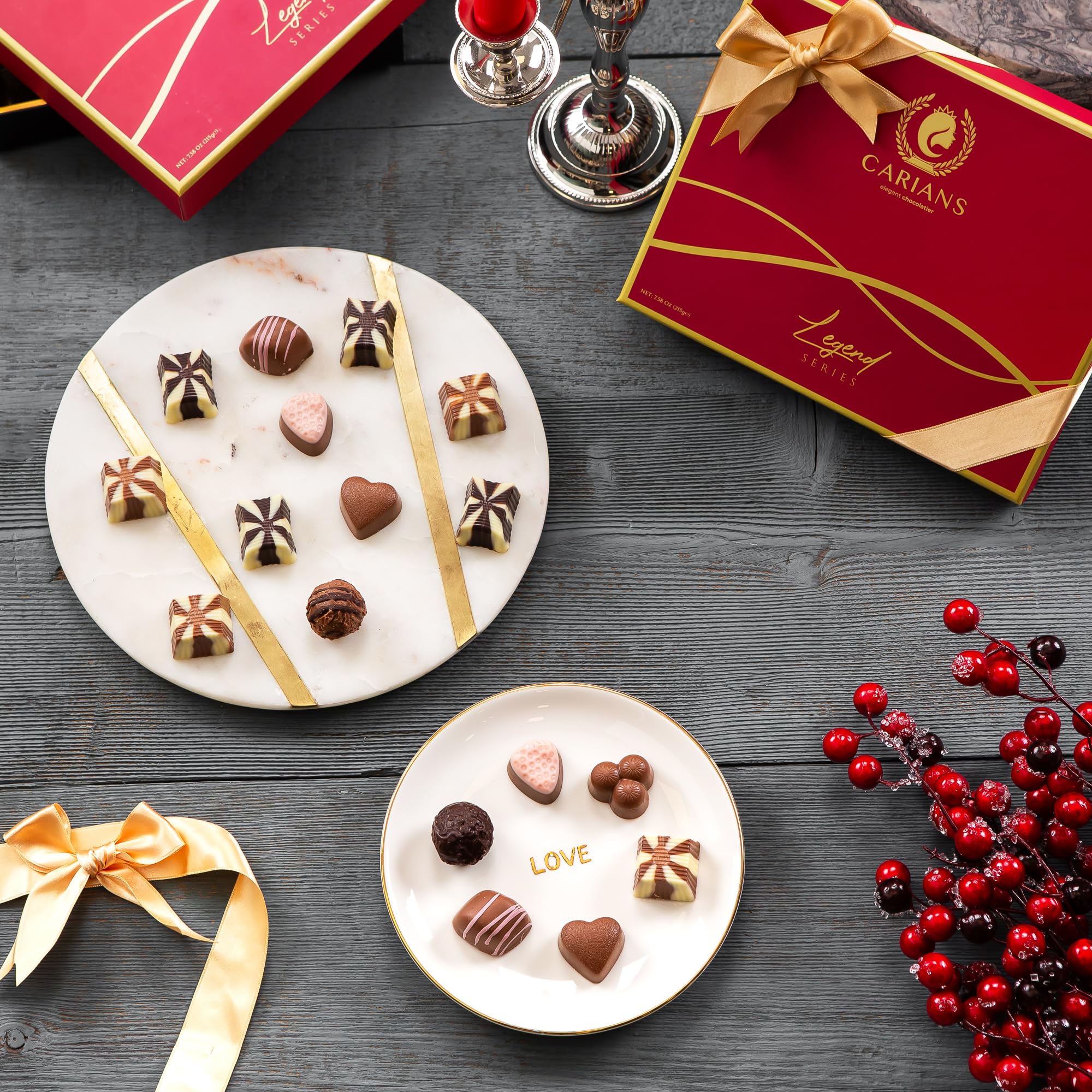 Carian's Bistro Chocolatier European craftsmanship signals premium Belgian-inspired chocolate.