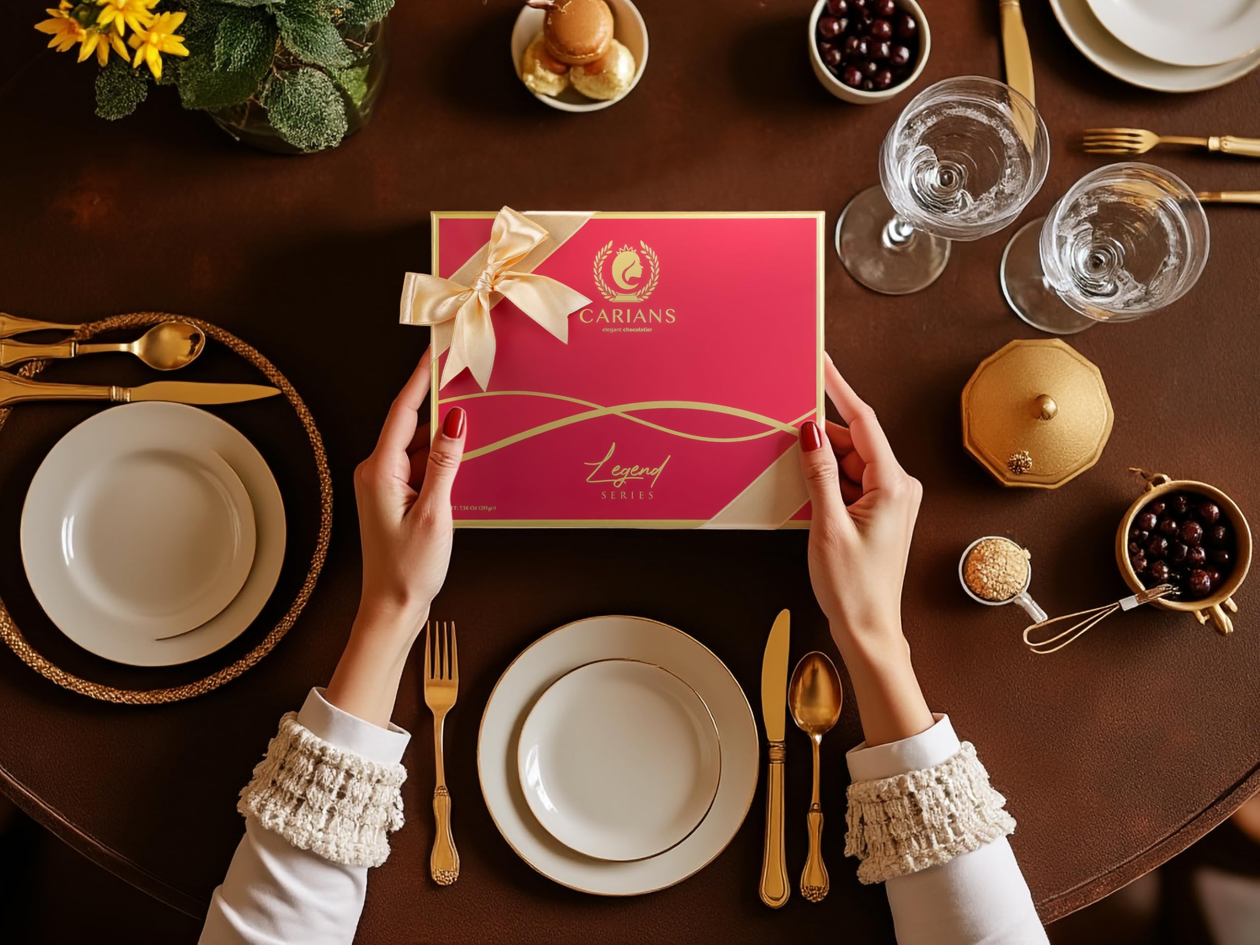 Carian's Bistro Chocolatier truffles with almond, hazelnut, and raspberry flavors close-up.