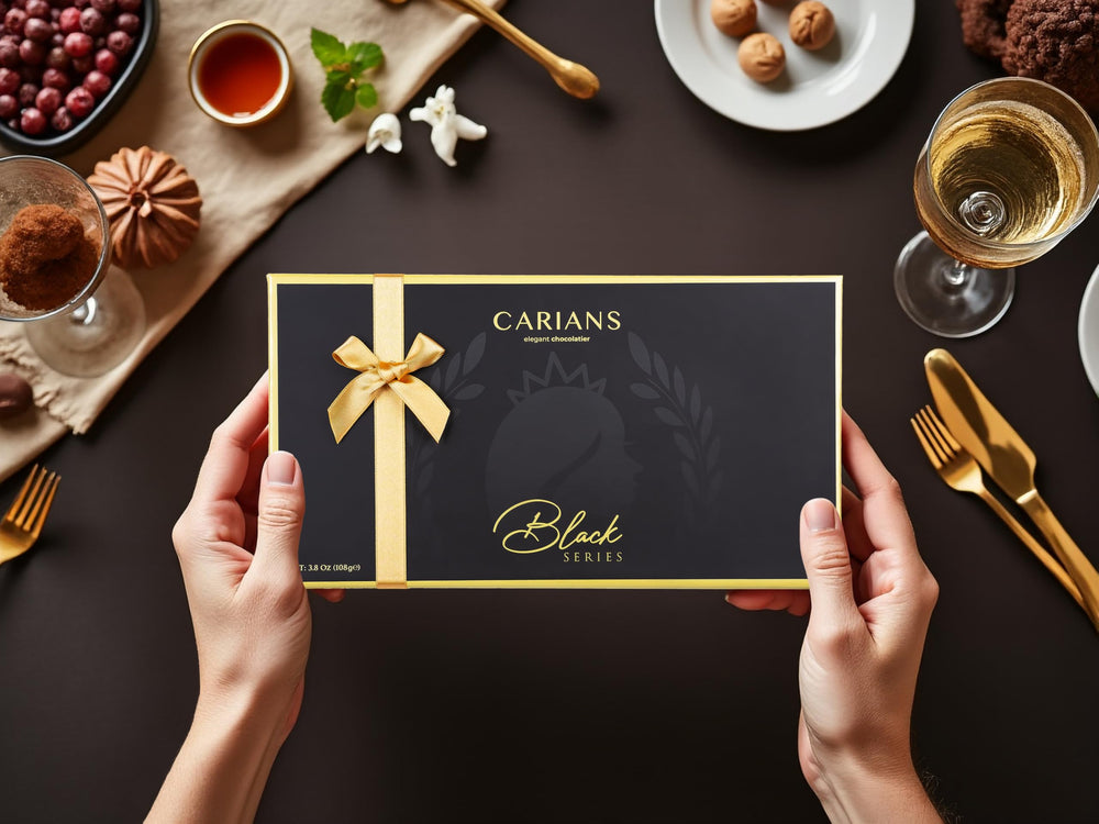 Carian's Bistro gold-ribbon gift box, ready-to-gift packaging for celebrations