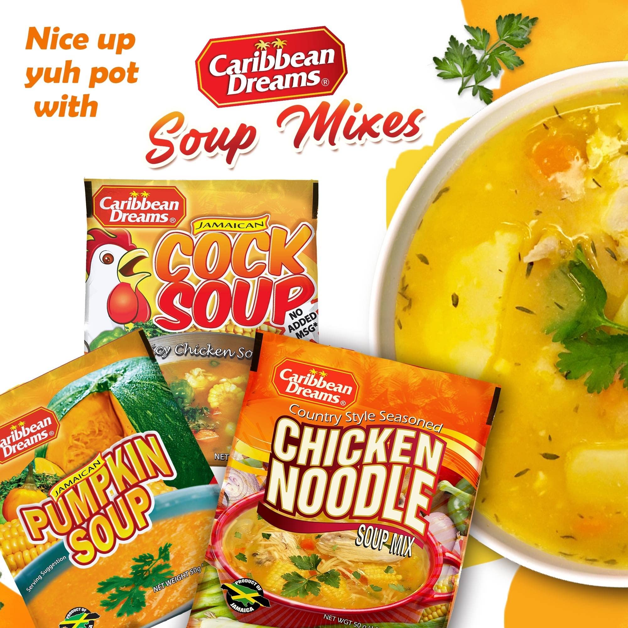 Close-up of Caribbean Dreams Cock Soup sachets highlighting spices and convenience