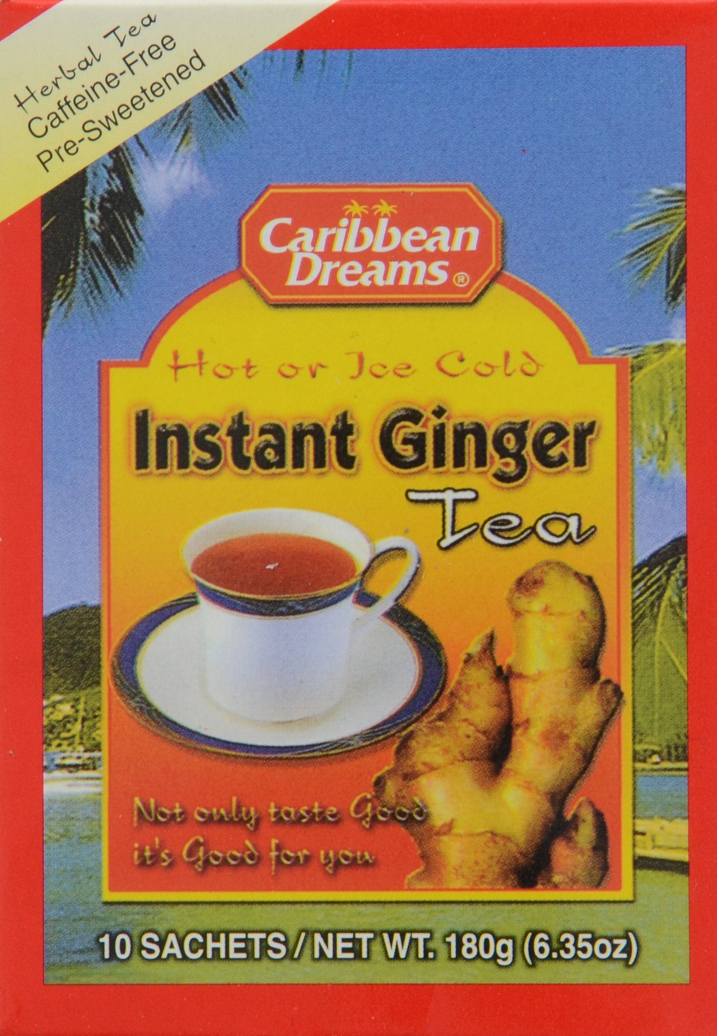 Caribbean Dreams packaging with 10 sachets highlights convenient brew.