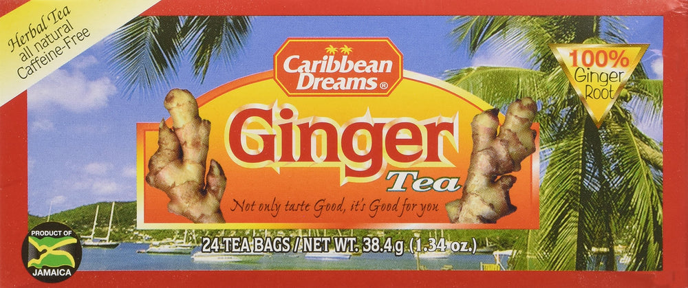 Caribbean Dreams Ginger Tea packaging showing 24 tea bags for convenience