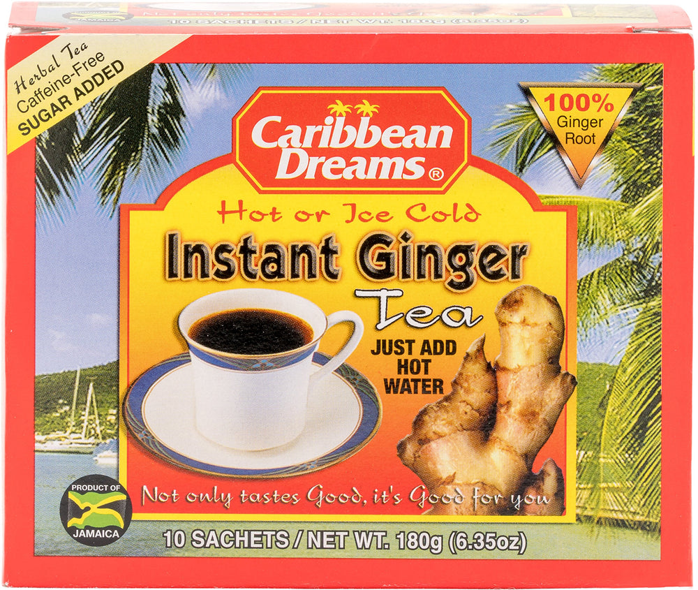 Caribbean Dreams instant ginger tea bag closeup with strong aroma.