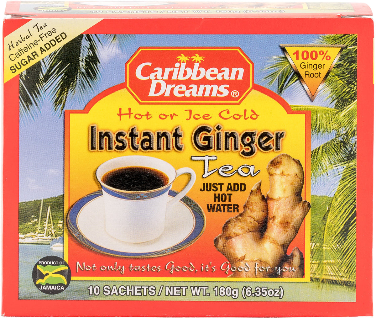 Caribbean Dreams instant ginger tea bag closeup with strong aroma.
