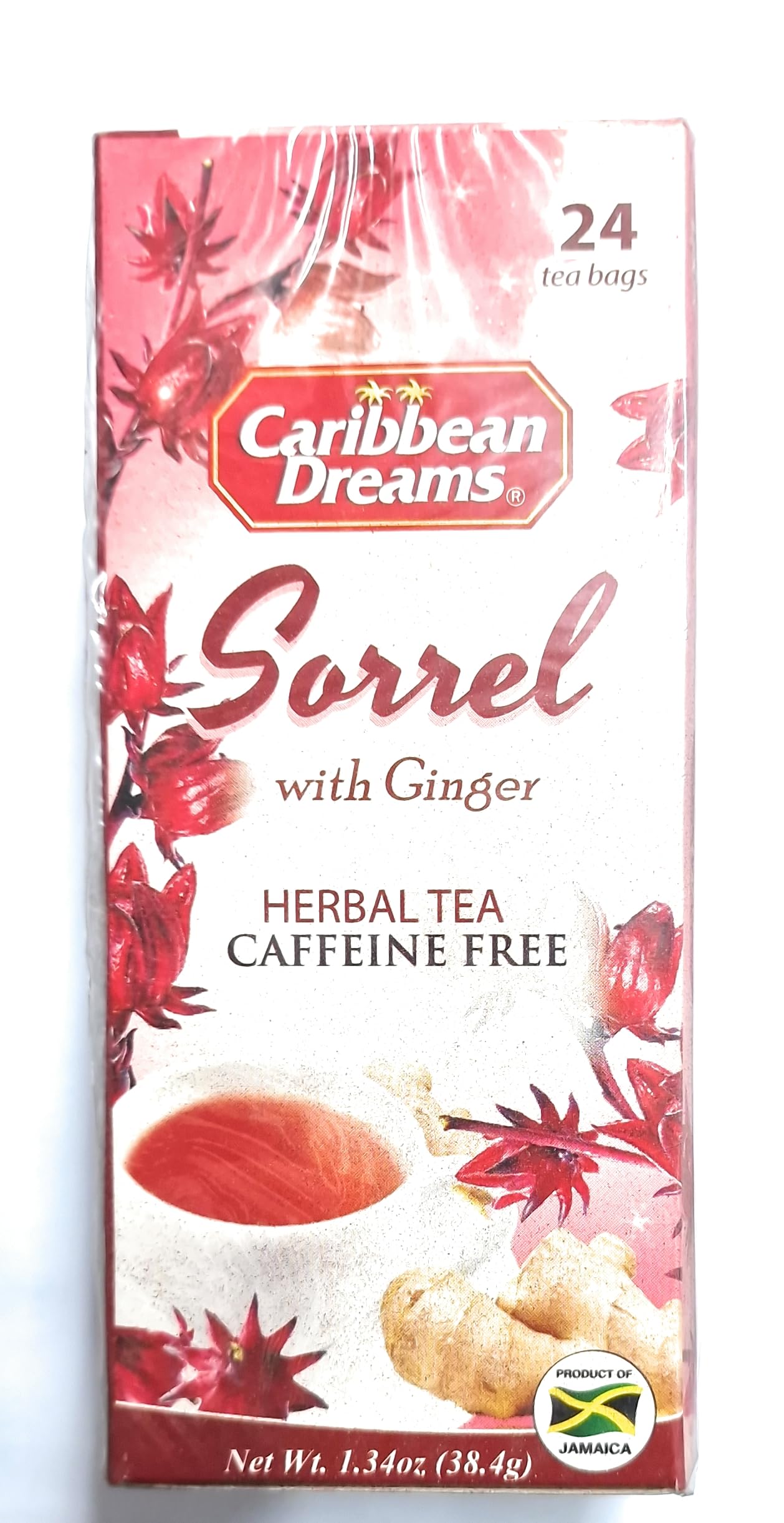 Caribbean Dreams packaging highlights Jamaica-sourced ingredients for authentic herbal tea.