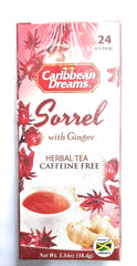 Caribbean Dreams packaging highlights Jamaica-sourced ingredients for authentic herbal tea.