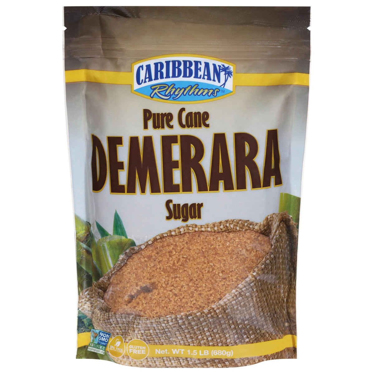 Caribbean Rhythms Demerara Sugar package front enhances table-side sweetness.