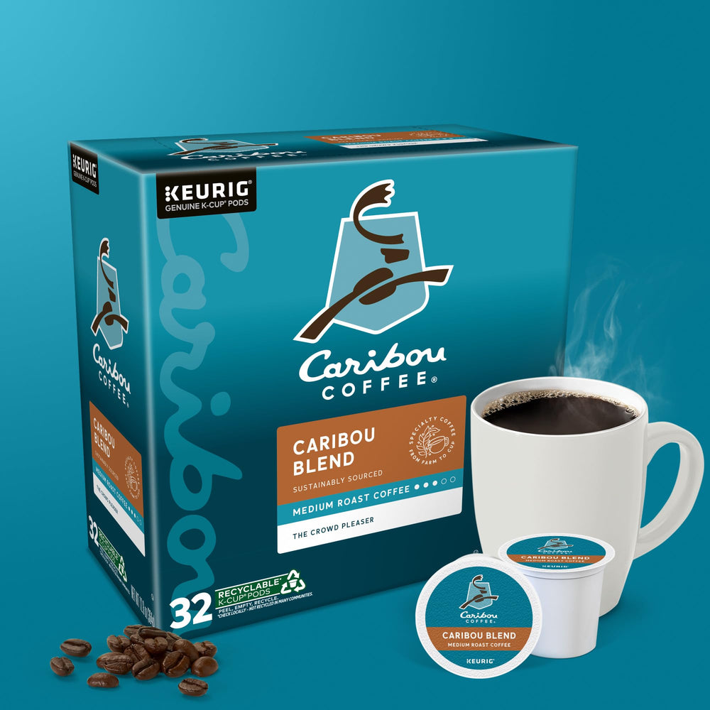 32-count Caribou Blend pack on a kitchen shelf for households.