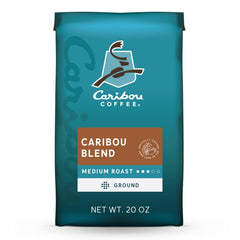 Caribou Coffee Caribou Blend bag front with premium Arabica beans, balanced morning cup