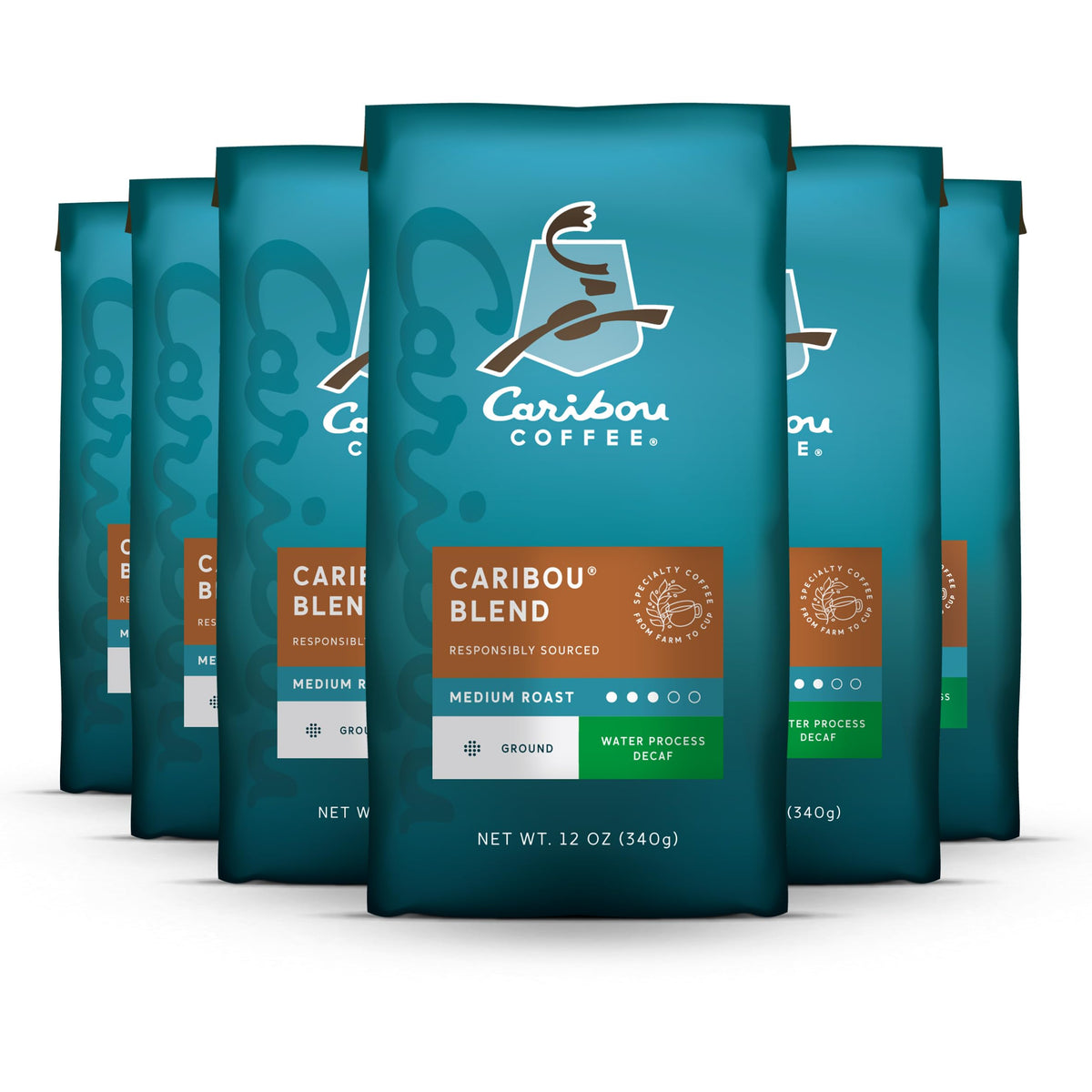 Caribou Coffee Caribou Blend decaf ground packaging showing six 12-ounce bags, ideal for home use