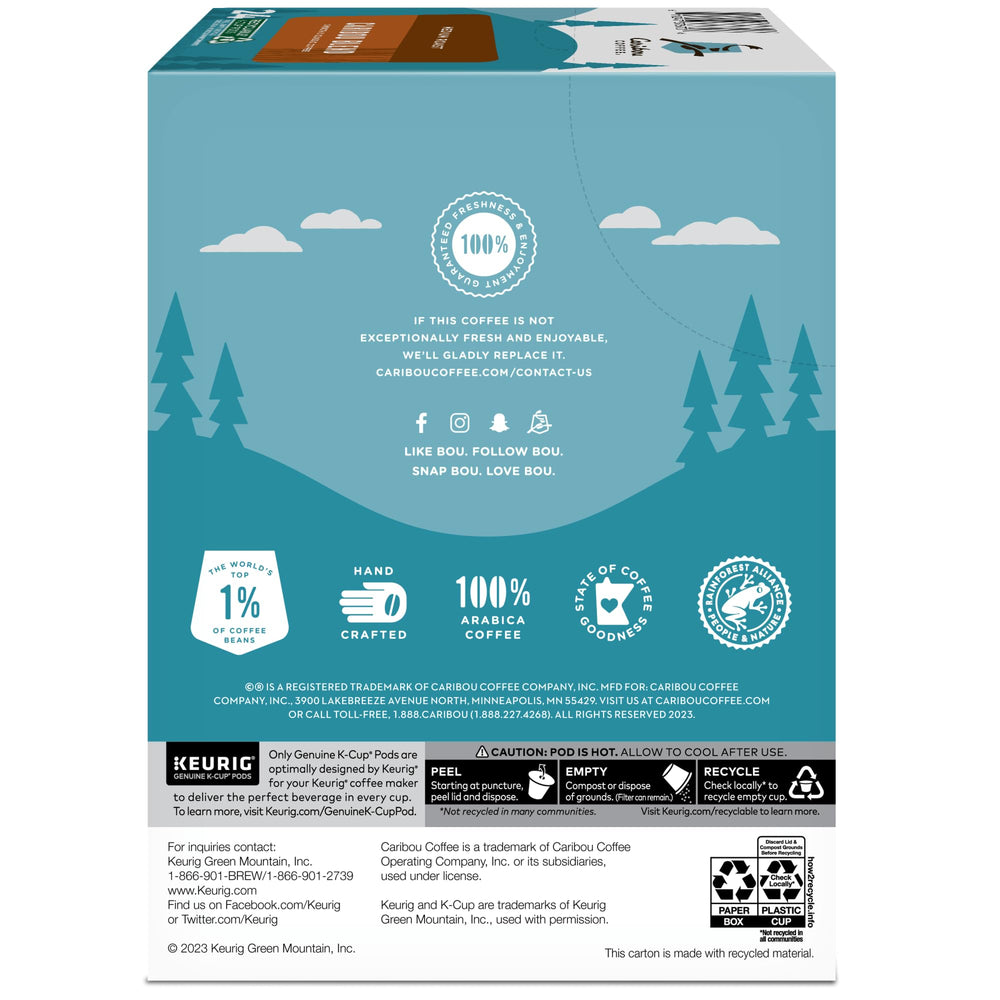 Caribou Blend packaging highlights Rainforest Alliance certification and responsible sourcing.